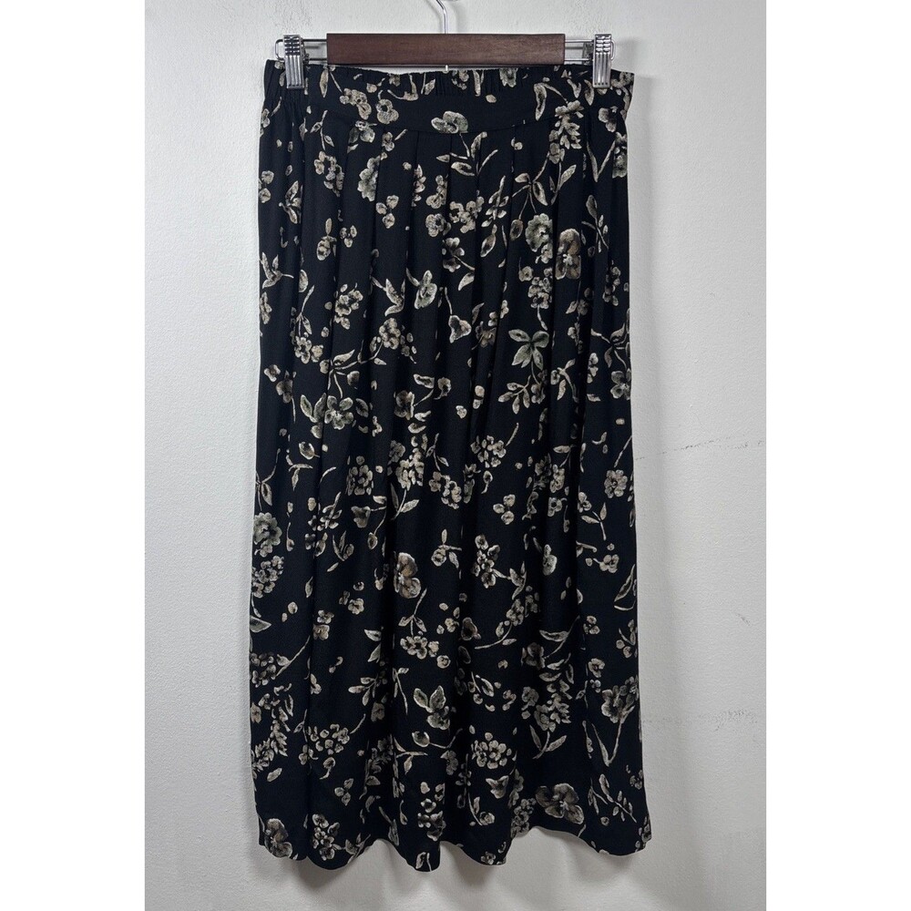 VTG Briggs New York Floral Midi Skirt Y2K Elastic Waist Black Cottagecore sz 14